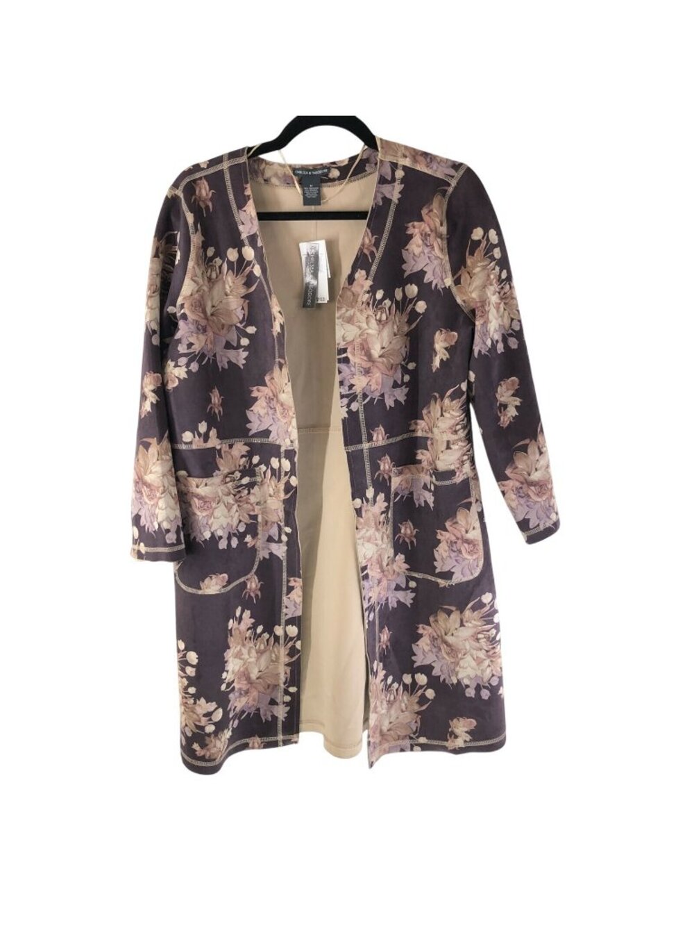 Chelsea & Theodore Womens Jacket Faux Suede Open Front Floral Brown Size M